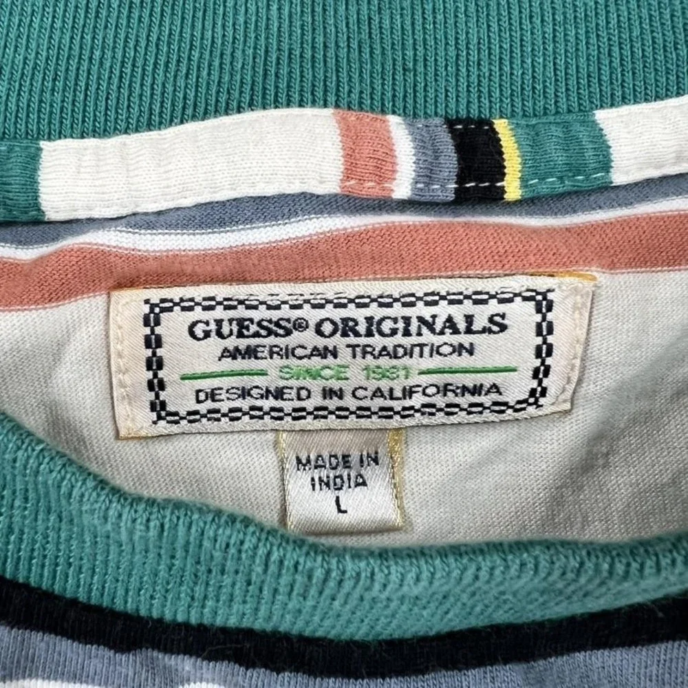 Vintage Guess Originals Shirt Mens Large Green Striped Logo Crewneck Tee‎ 90s - Picture 4 of 14